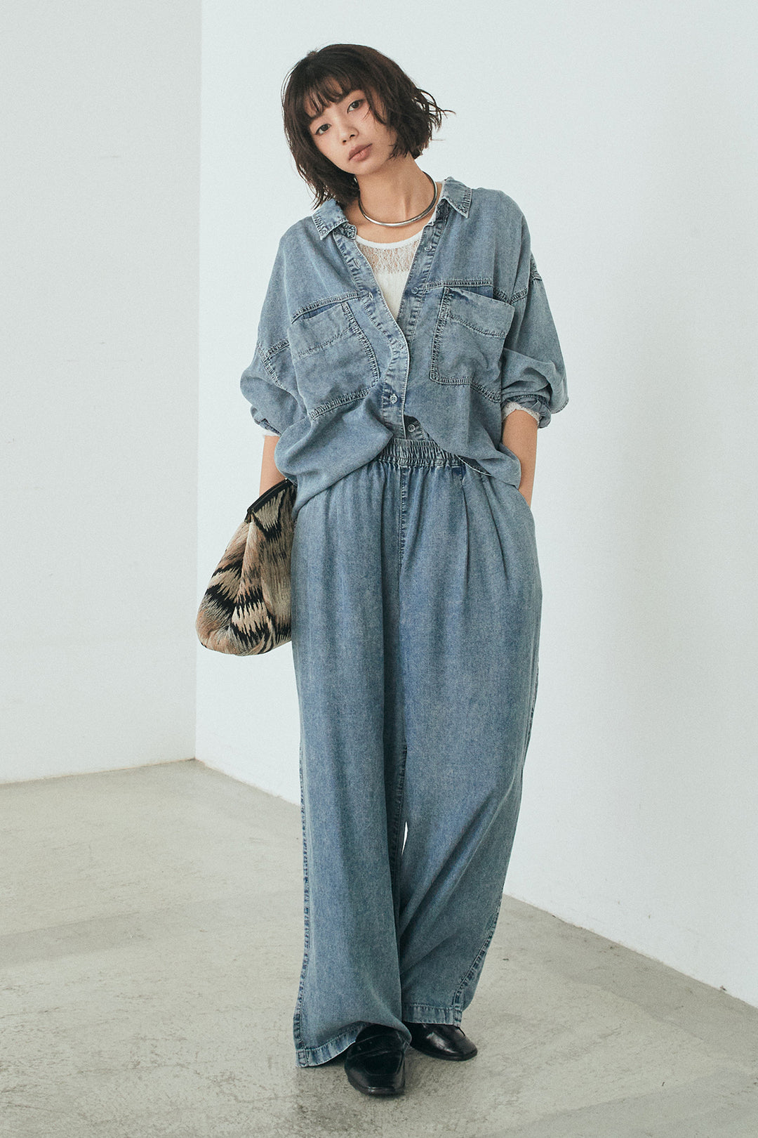 【着回しセット】[SET]テンセルデニムシャツ+テンセルデニムイージーワイドパンツ+ナイロンデニムドッキングブルゾン(3set)