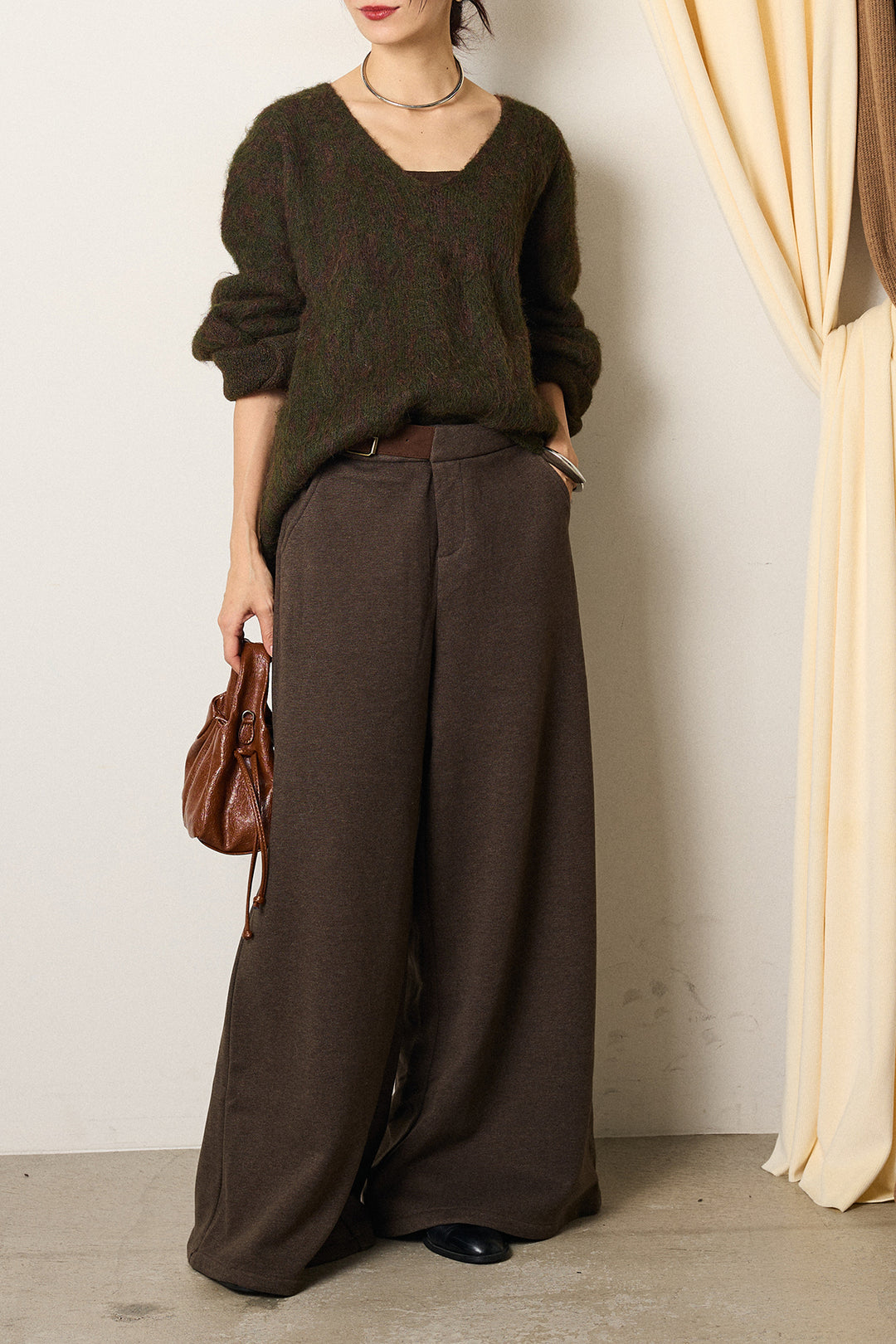 [SET]フラッフィーレオパードシャギーニット+サイドベルトパンツ(2set)