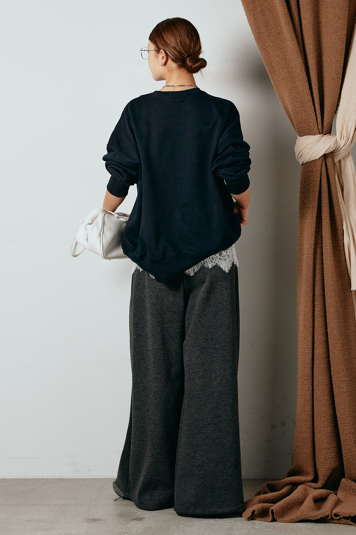 [SET]フロントロゴスウェットプルオーバー+カップ付きレースドッキングキャミソール+フェイクレザー太ベルト付きタックワイドパンツ(3set)