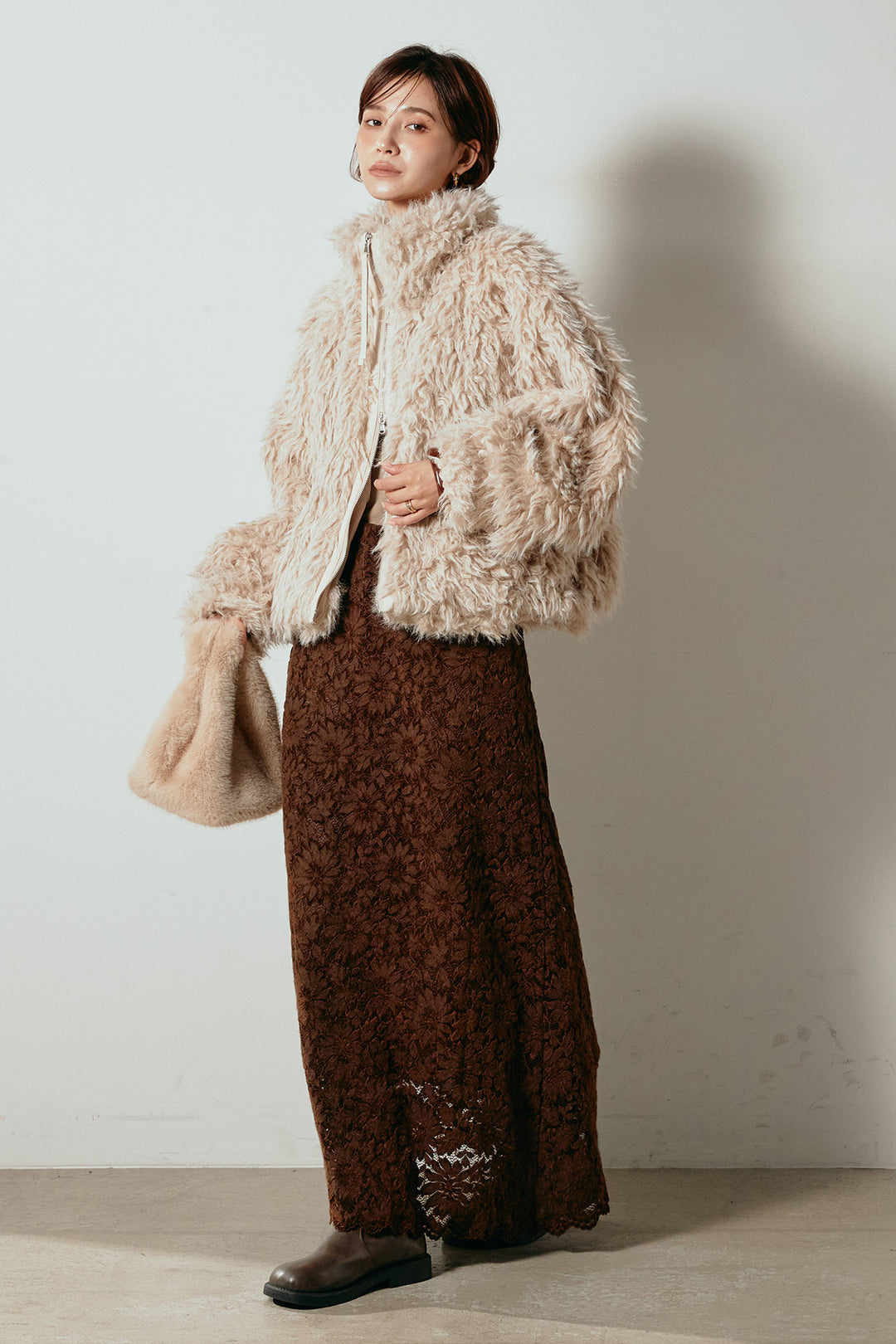 [SET]ミックスシープファースタンドブルゾン+花柄刺繍ベロアフレアスカート(2set)