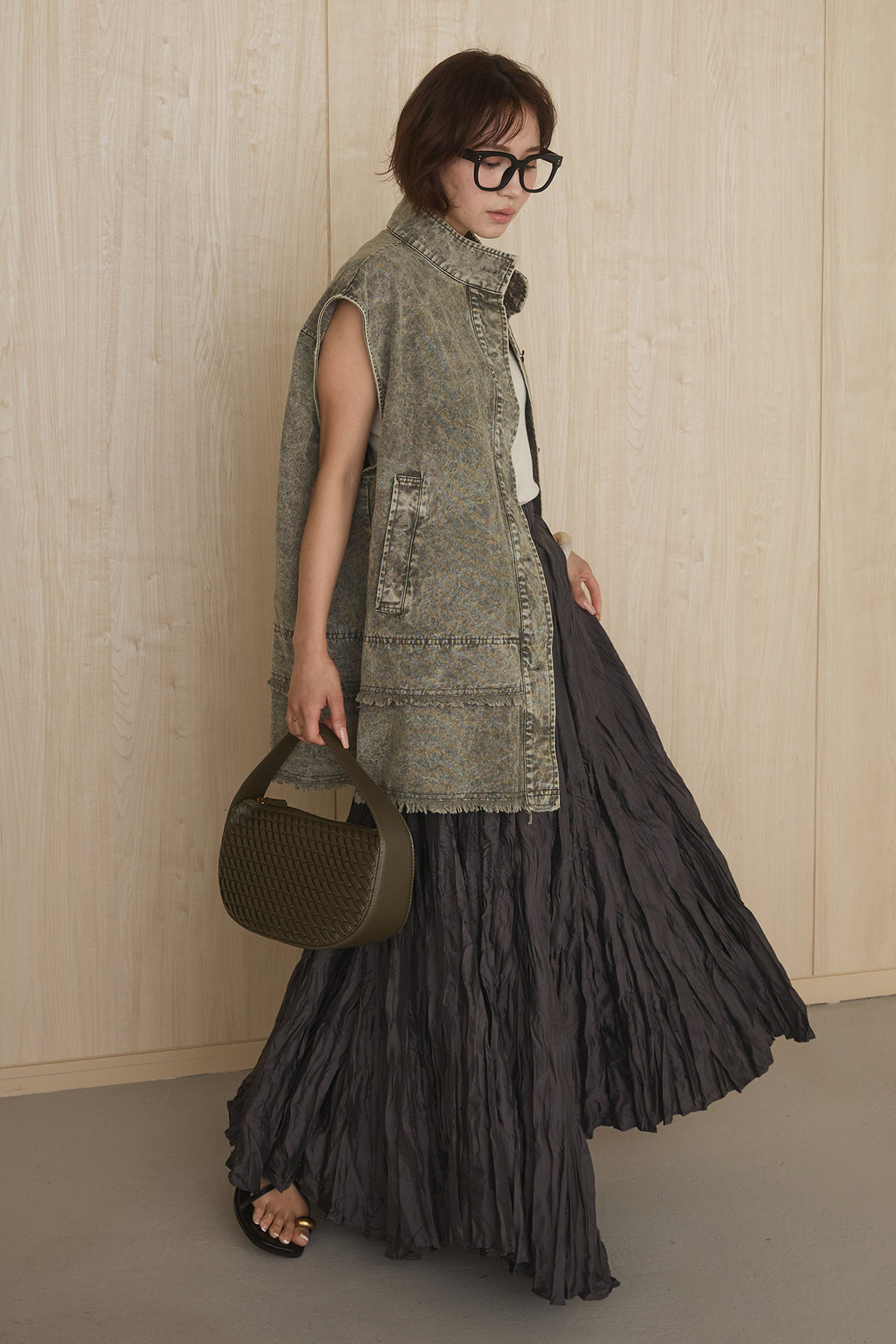 [SET]ケミカルデニムヘムカットオフジレ+イレギュラープリーツイージースカート(2set)