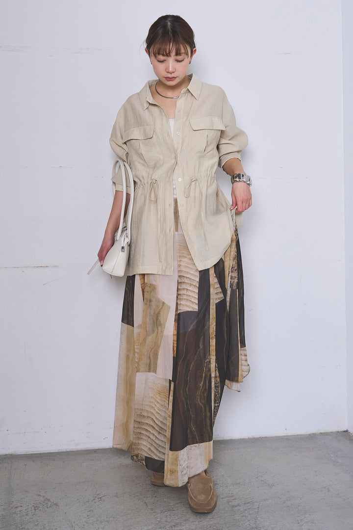 [SET]リネンブレンドシアーサファリシャツ+アートペイント柄スカート(2set)