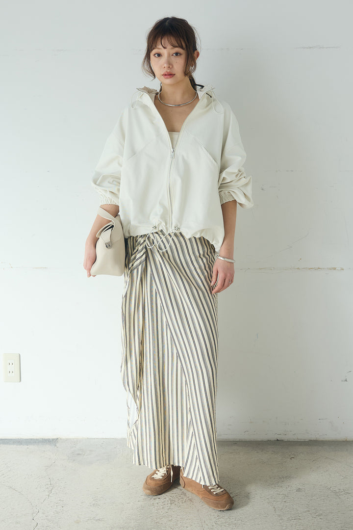 [SET]ネック裾絞りブルゾンアウター+マルチピンストライプ柄巻きスカート(2set)