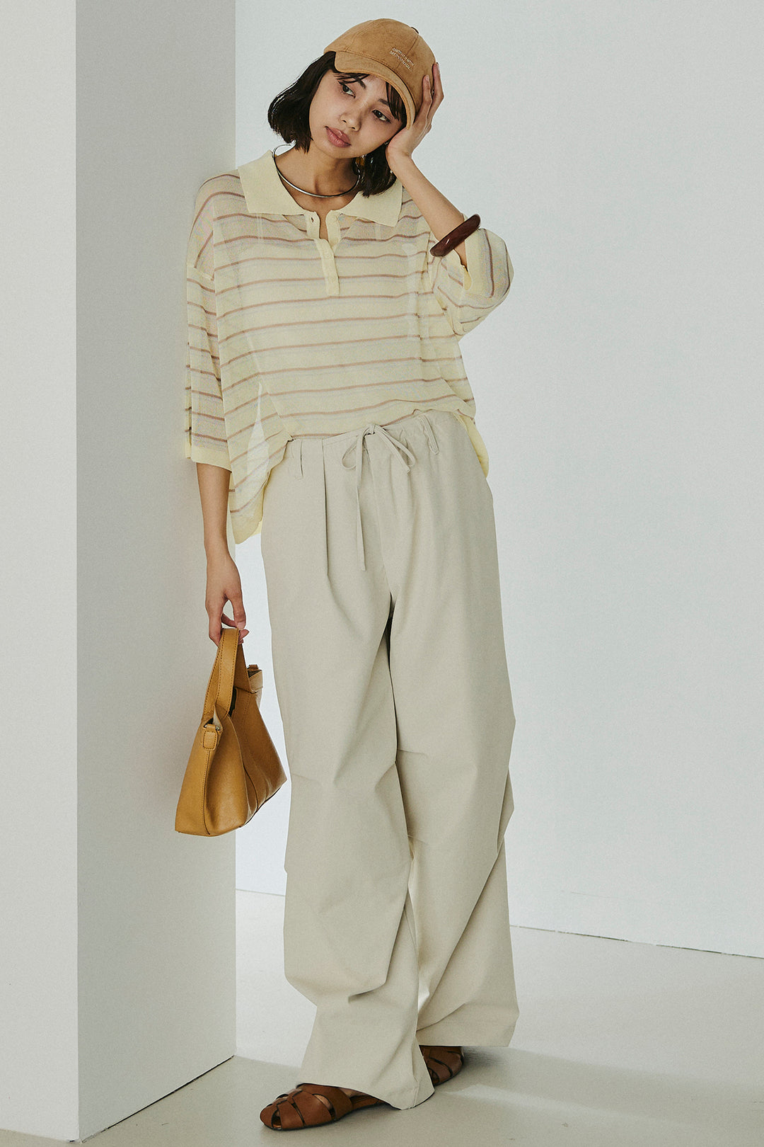 [SET]ボーダーニットポロシャツ+ニーサイドタックウエストドロスパンツ(2set)