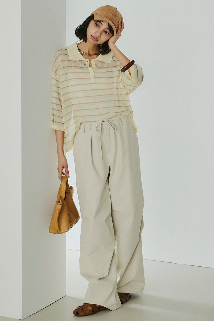 [SET]ボーダーニットポロシャツ+ニーサイドタックウエストドロスパンツ(2set)