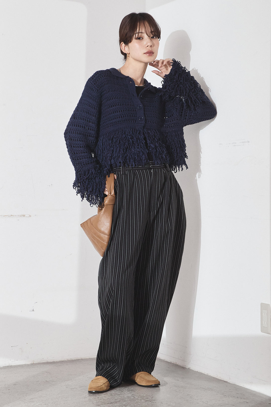 [SET]メッシュフリンジカーディガン+ヘリンボーンストライプツータックパンツ(2set)
