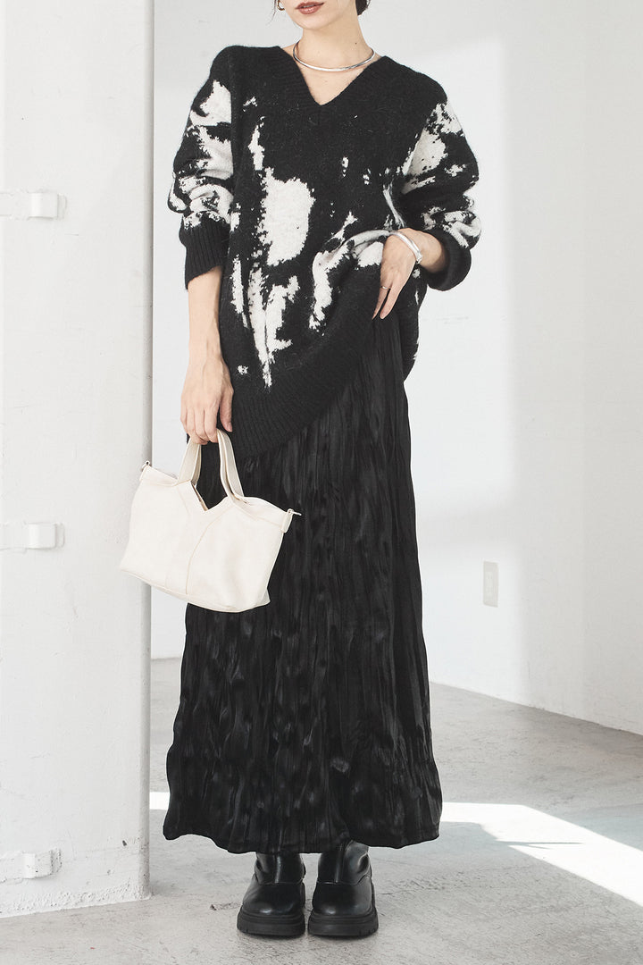 [SET]アブストラクト柄ニットプルオーバー+ベロアロングプリーツスカート(2set)