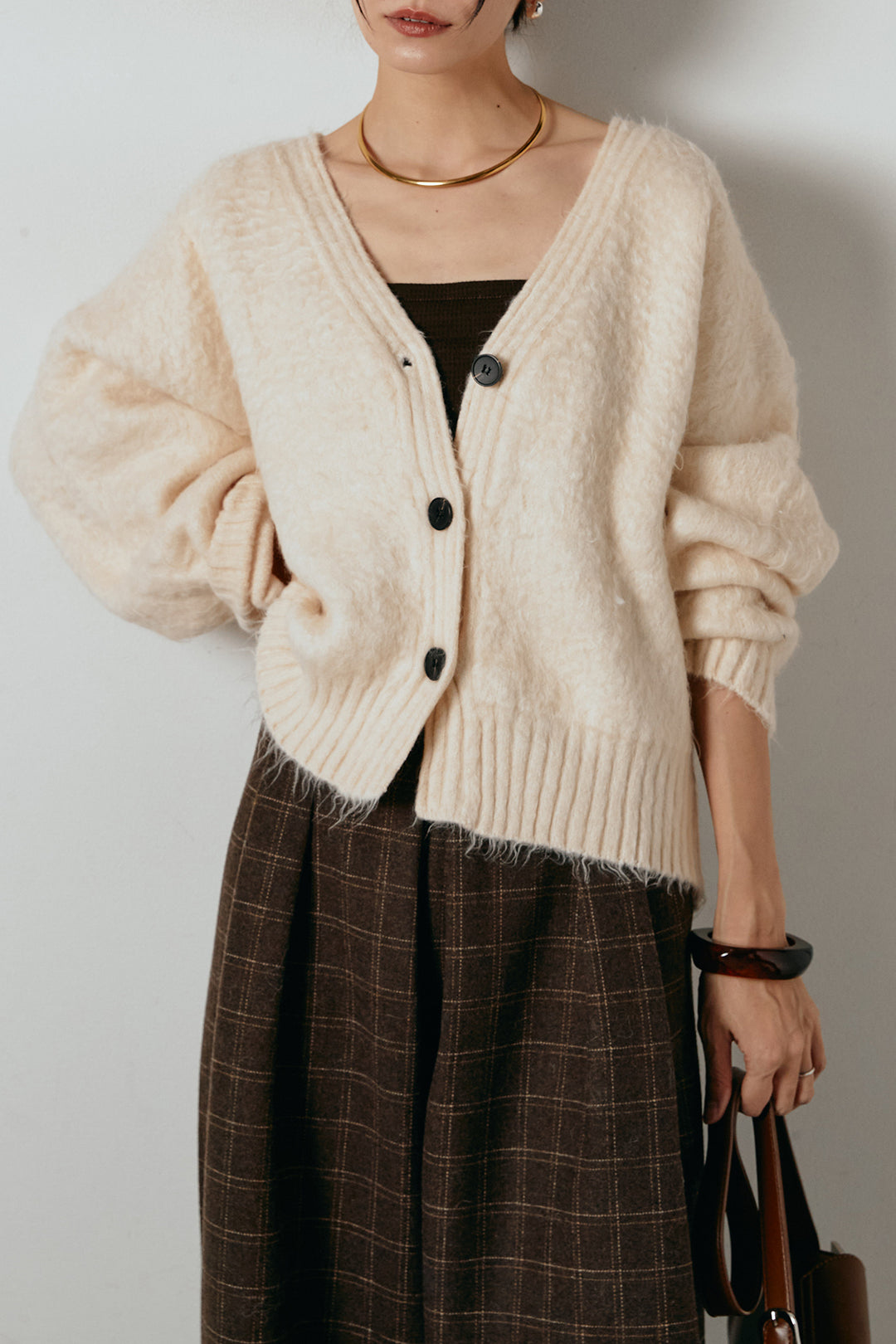 起毛ボタンニットカーディガン/アイボリー