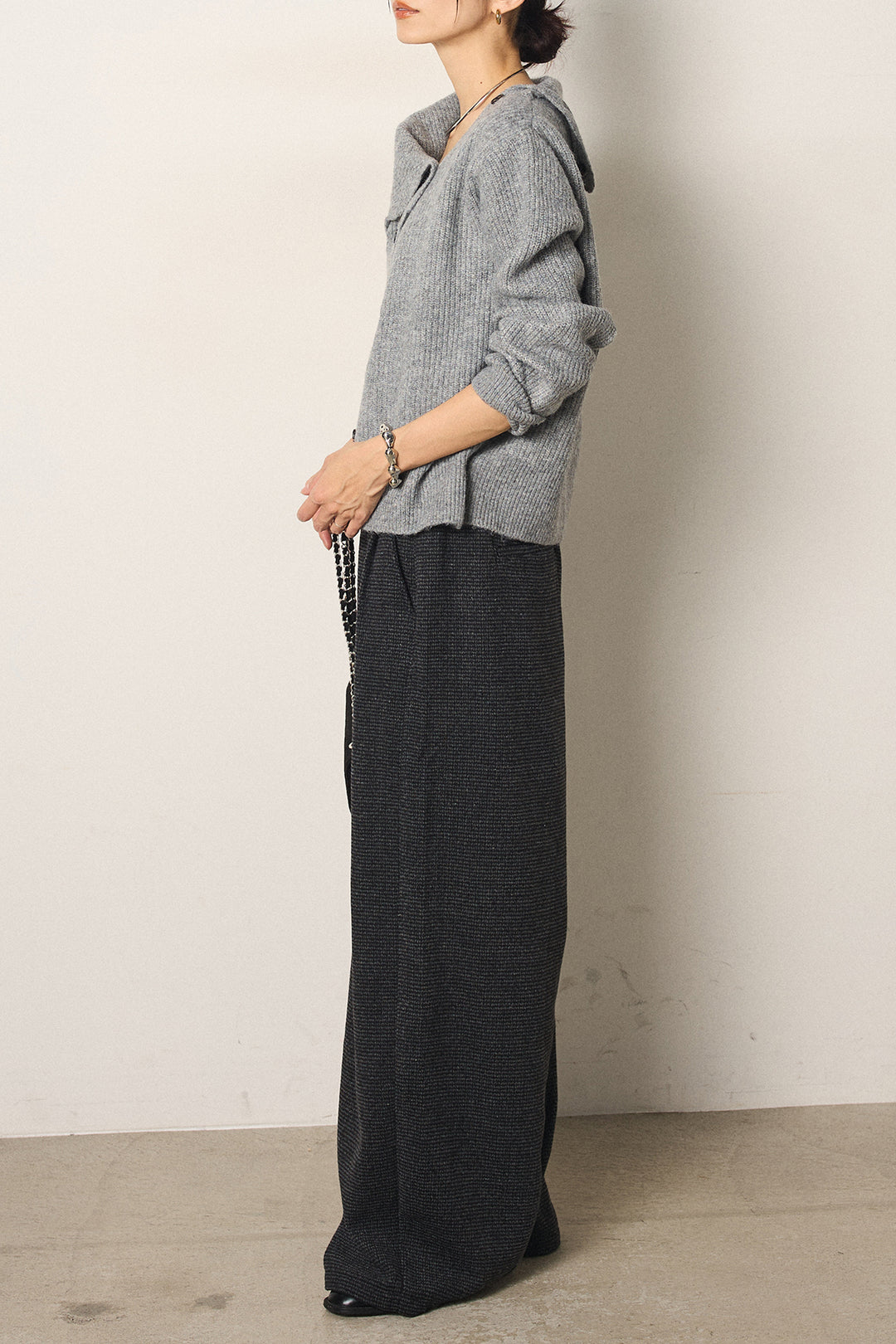 [SET]ボタンデザインネックニットプルオーバー+起毛タック入りツイードワイドパンツ(2set)
