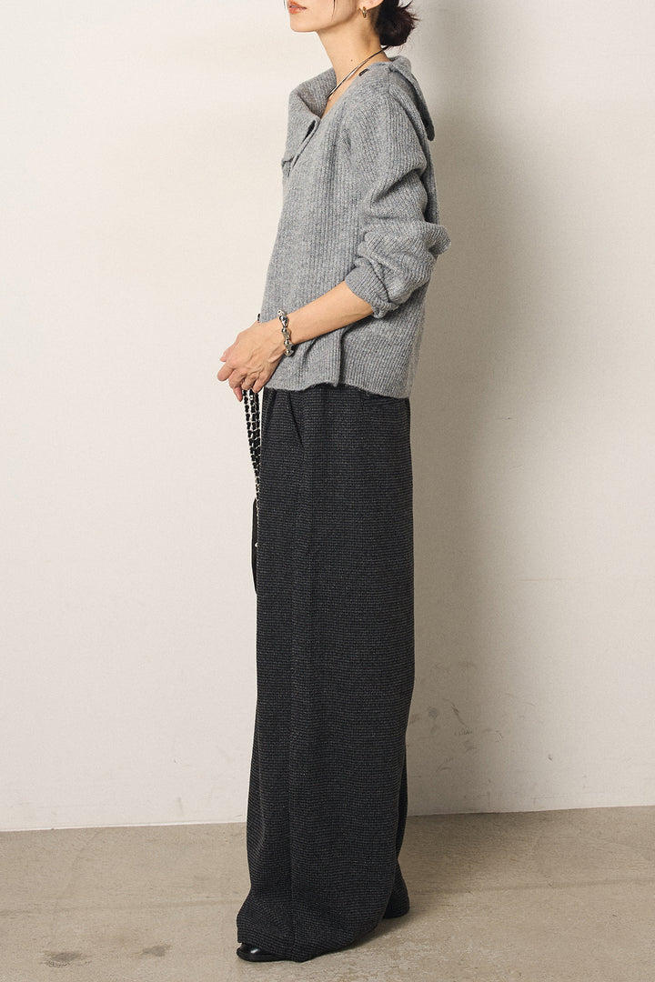 [SET]ボタンデザインネックニットプルオーバー+起毛タック入りツイードワイドパンツ(2set)