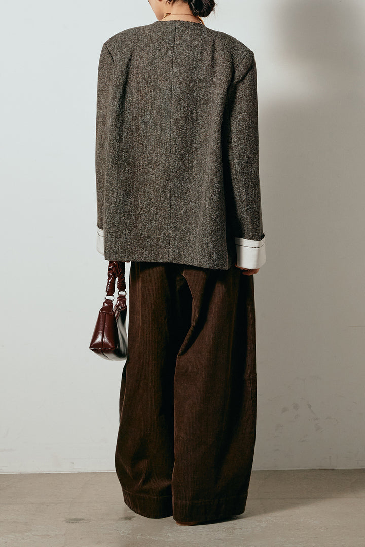 [SET]ノーカラーダブルボタンツイードジャケット+タック入りコーデュロイワイドパンツ(2set)