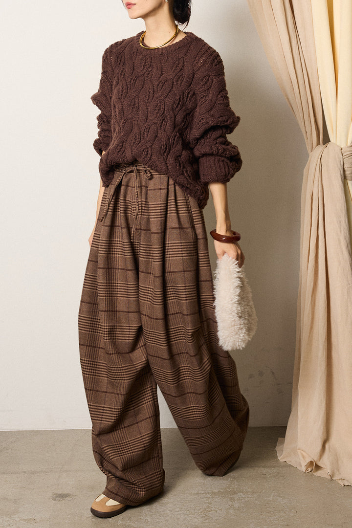 [SET]ケーブルリラックスショートニット+グレンチェックルーズタックパンツ(2set)