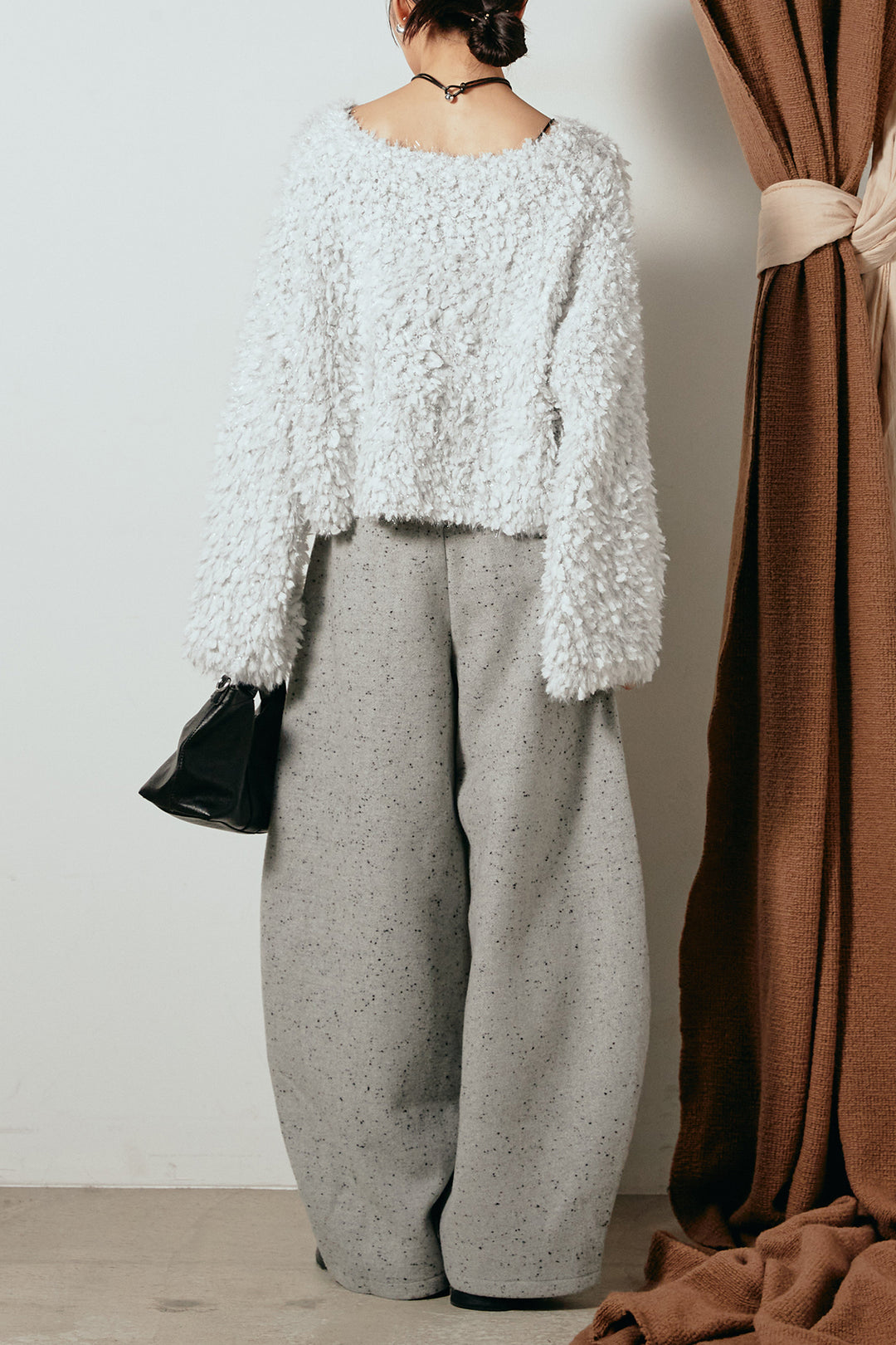 [SET]深Vネックチョウチョヤーンニットトップス+ベルト付きネップツイードカーブパンツ(2set)