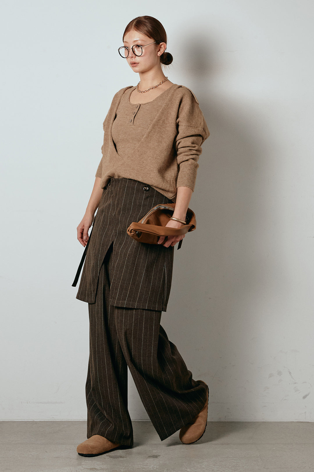 [SET]襟付きレイヤードニットトップス+細ストライプレイヤードデザインパンツ(2set)