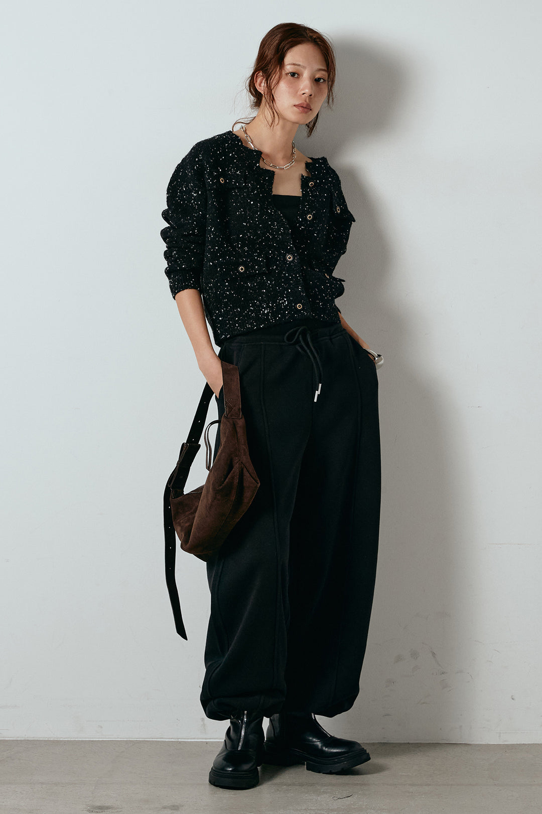 [SET]ネップニットカーディガン+スウェットワイドカーブパンツ(2set)