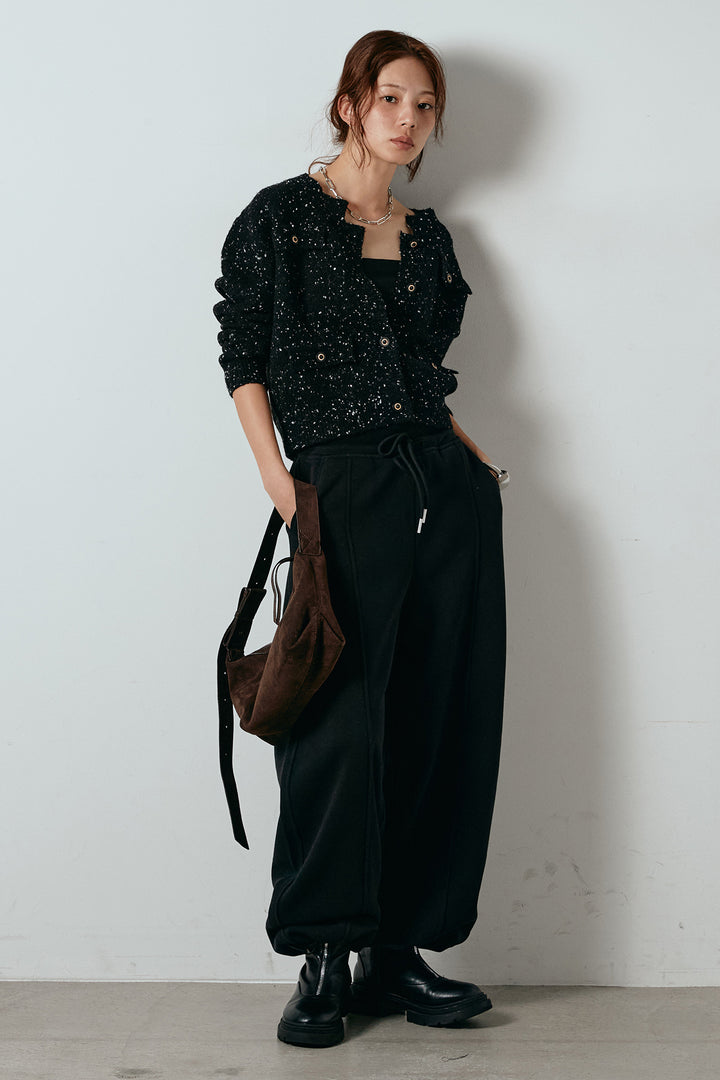 [SET]ネップニットカーディガン+スウェットワイドカーブパンツ(2set)