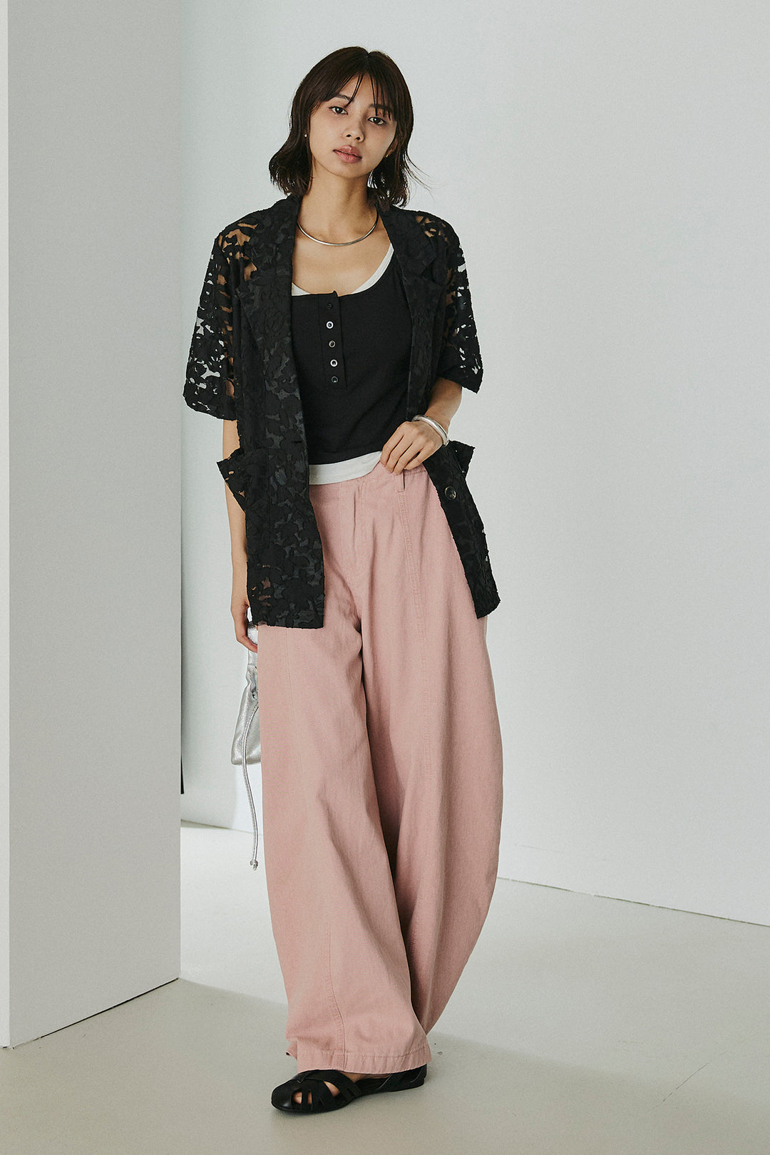 [SET]シアージャガードハーフスリーブテーラードジャケット+サイドベルトカーブワイドパンツ+配色ヘンリーネックタンクトップ(3set)