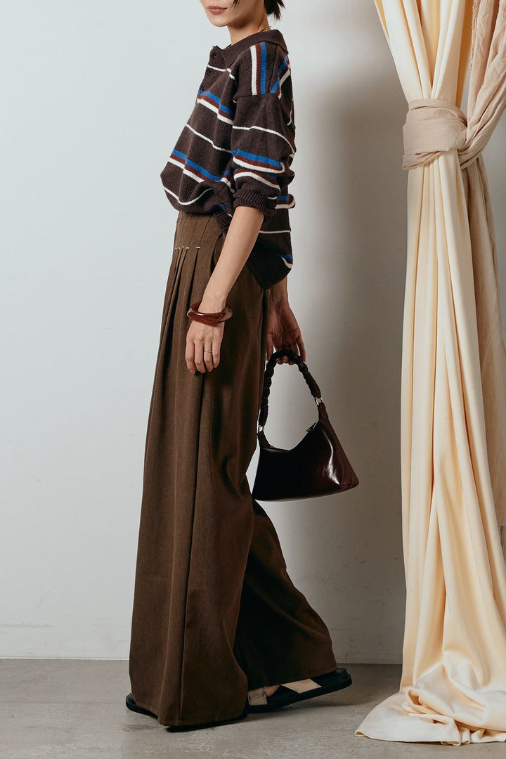 [SET]襟付きマルチボーダーニットポロトップス+ウエストステッチデザインワイドスラックス(2set)