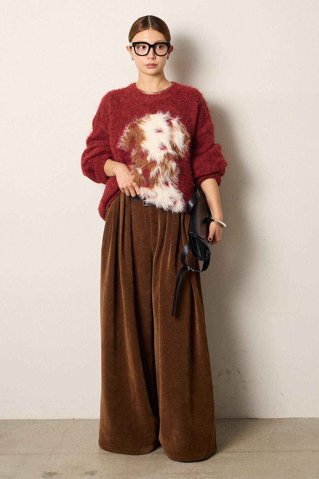 [SET]シャギーニュアンスアニマルニット+ベルトループコーデュロイワイドパンツ(2set)