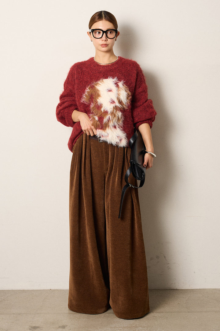 [SET]シャギーニュアンスアニマルニット+ベルトループコーデュロイワイドパンツ(2set)