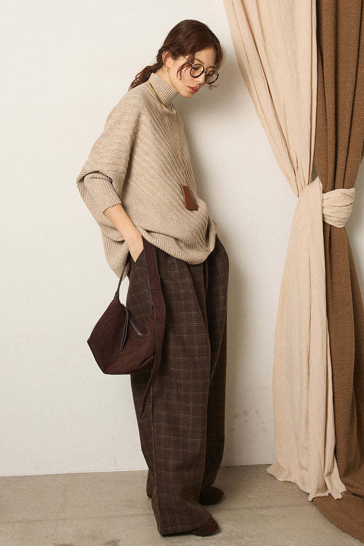 [SET]アシメデザインリブポンチョニットトップス+ウールライクチェックタックパンツ(2set)