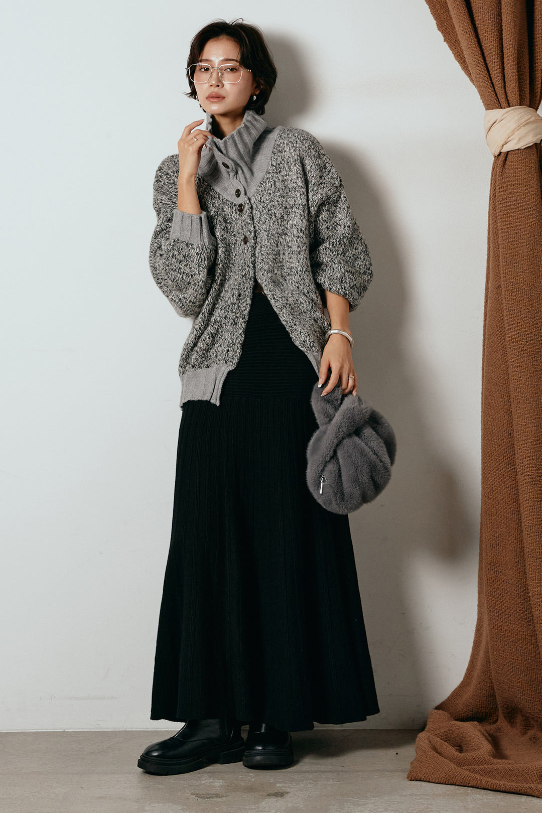 [SET]ハイネックミックスニットカーディガン+編み地切り替えフレアニットスカート(2set)