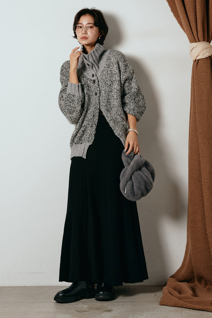 [SET]ハイネックミックスニットカーディガン+編み地切り替えフレアニットスカート(2set)