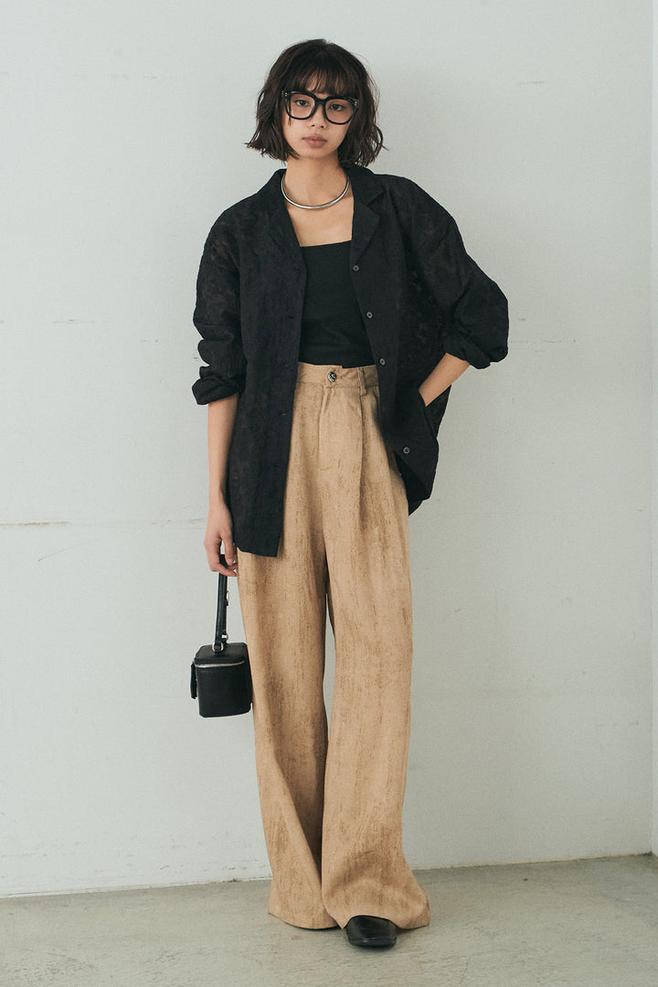 [SET]刺繍シアーオープンカラーシャツ+リネン混かすれ柄ワイドパンツ(2set)