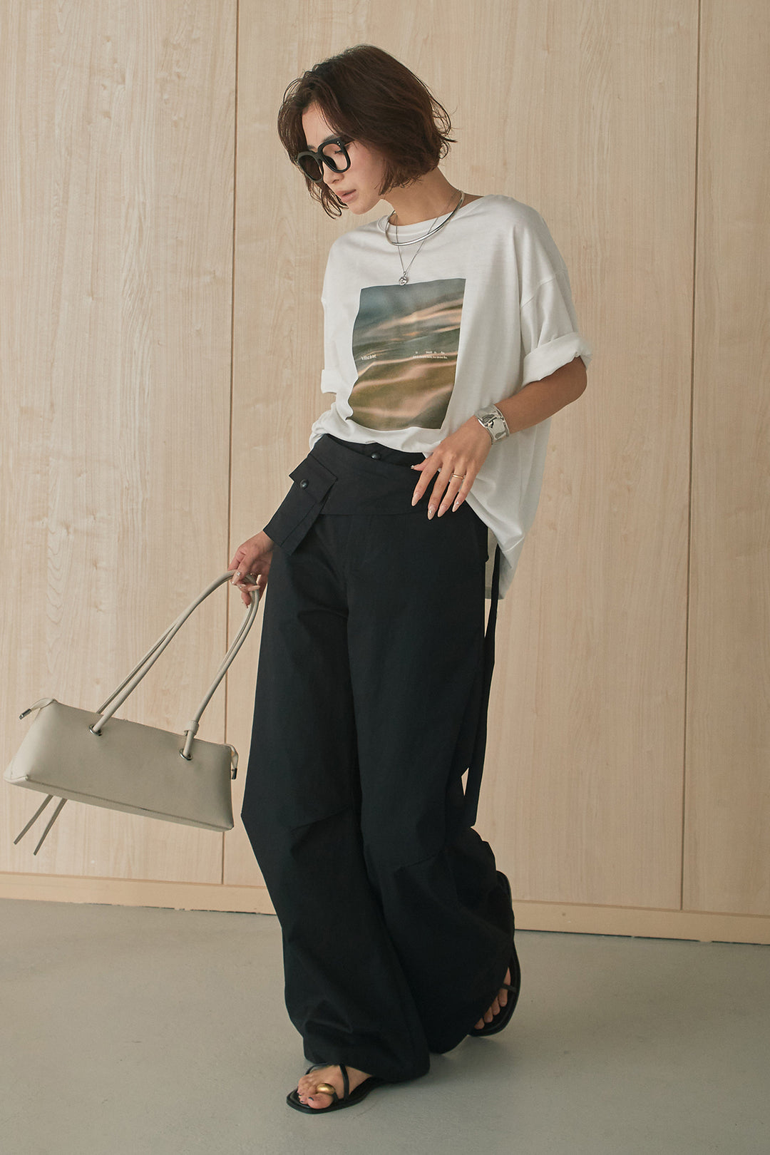 [SET]MarbleプリントTシャツ+ポケットベルト付きニーサイドタックパンツ(2set)
