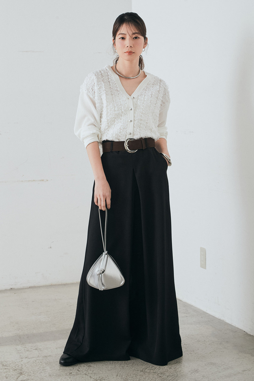 [SET]モコレースVネックカーディガン+太ベルト付きフロントタックパンツ(2set)