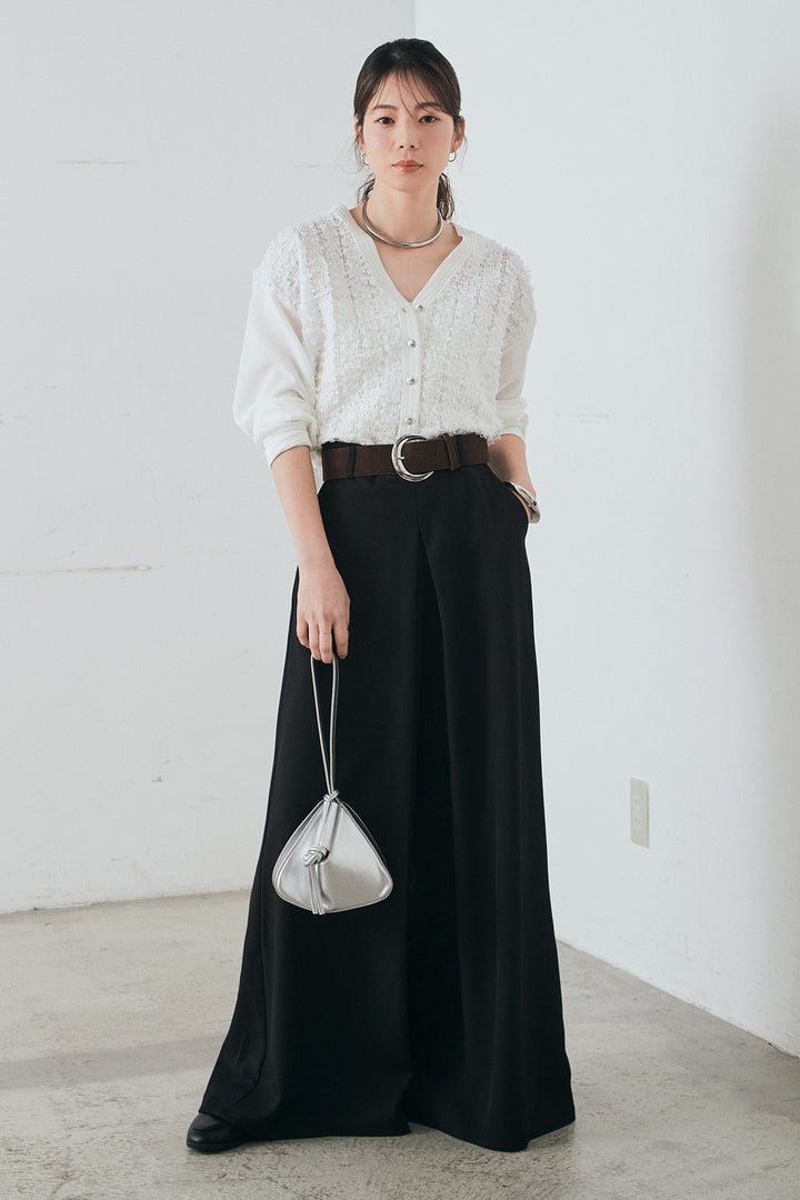 [SET]モコレースVネックカーディガン+太ベルト付きフロントタックパンツ(2set)