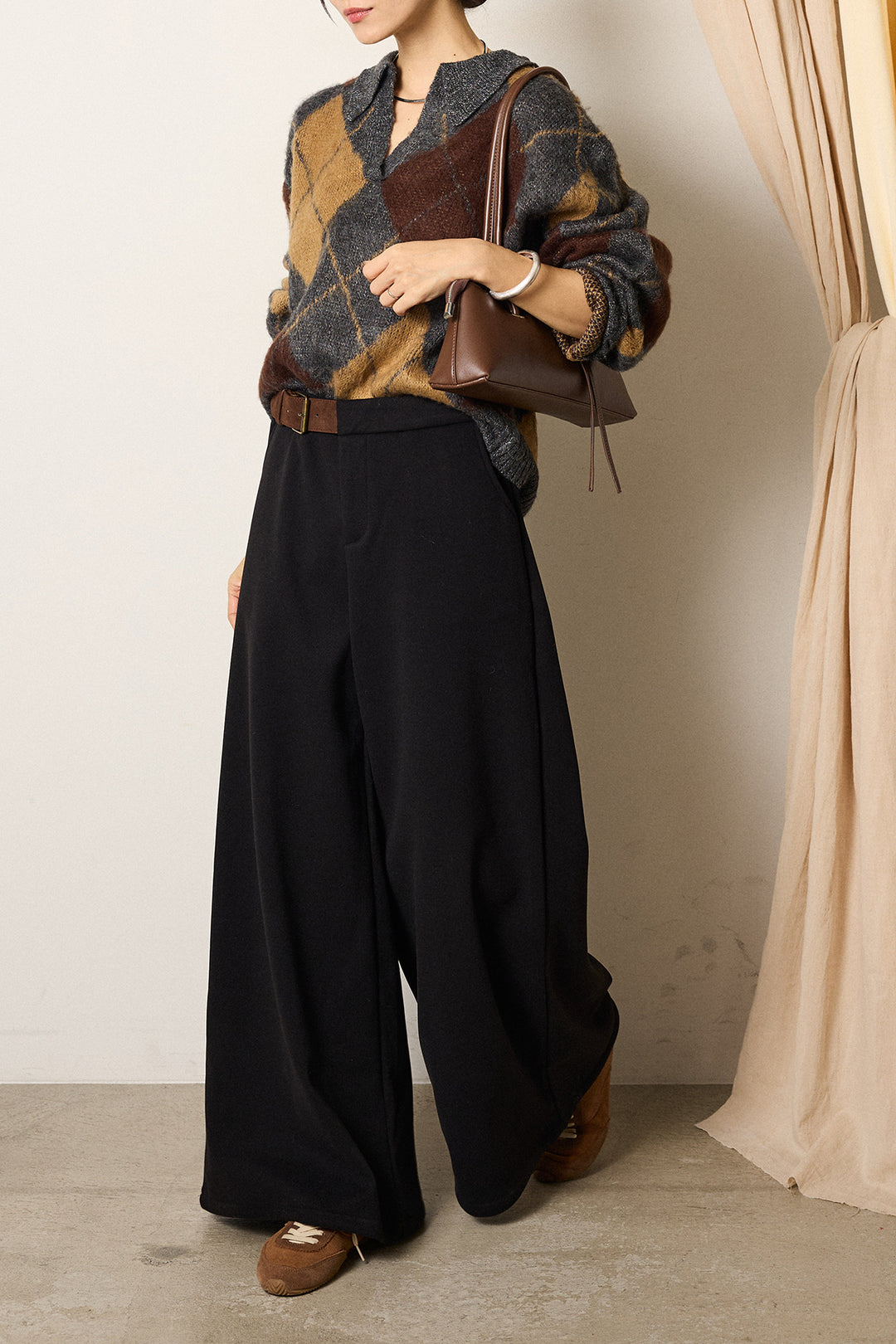 [SET]アクリルモヘアアーガイルキーネックプルオーバー+サイドベルトパンツ(2set)