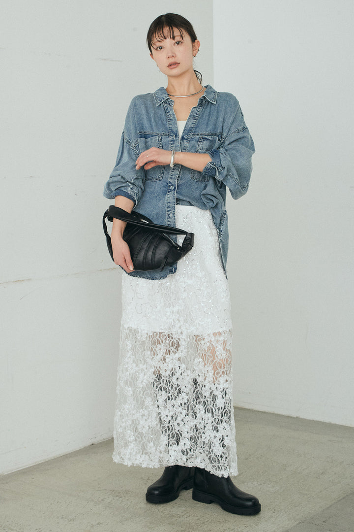 [SET]テンセルデニムシャツ+ラメ刺繍デザインスカート(2set)