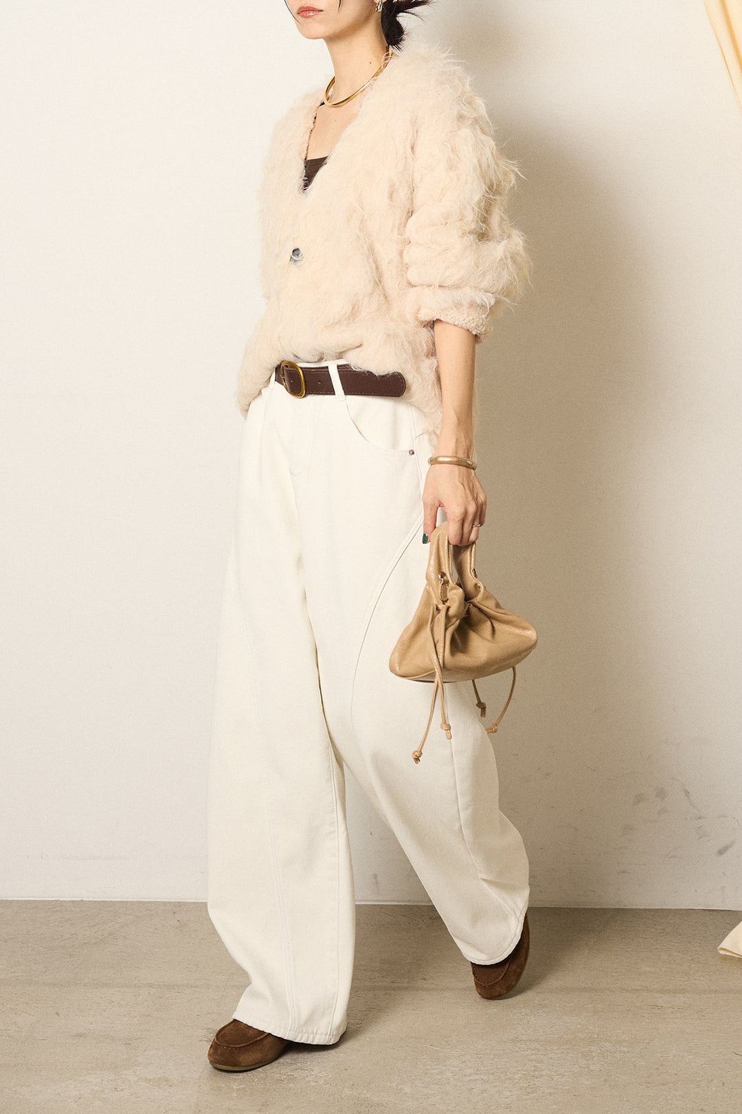 [SET]起毛シャギーニットカーディガン+ベルト付きカジュアルカーブワイドパンツ(2set)