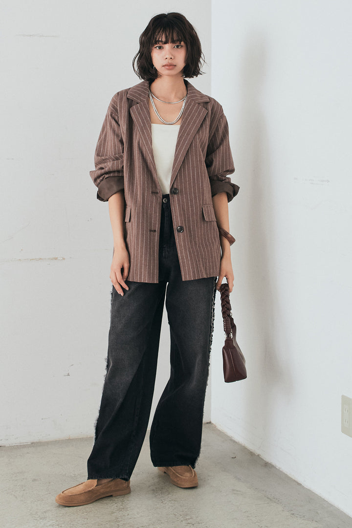 [SET]リネンライクストライプテーラードジャケット+デニムサイドフリルパンツ(2set)