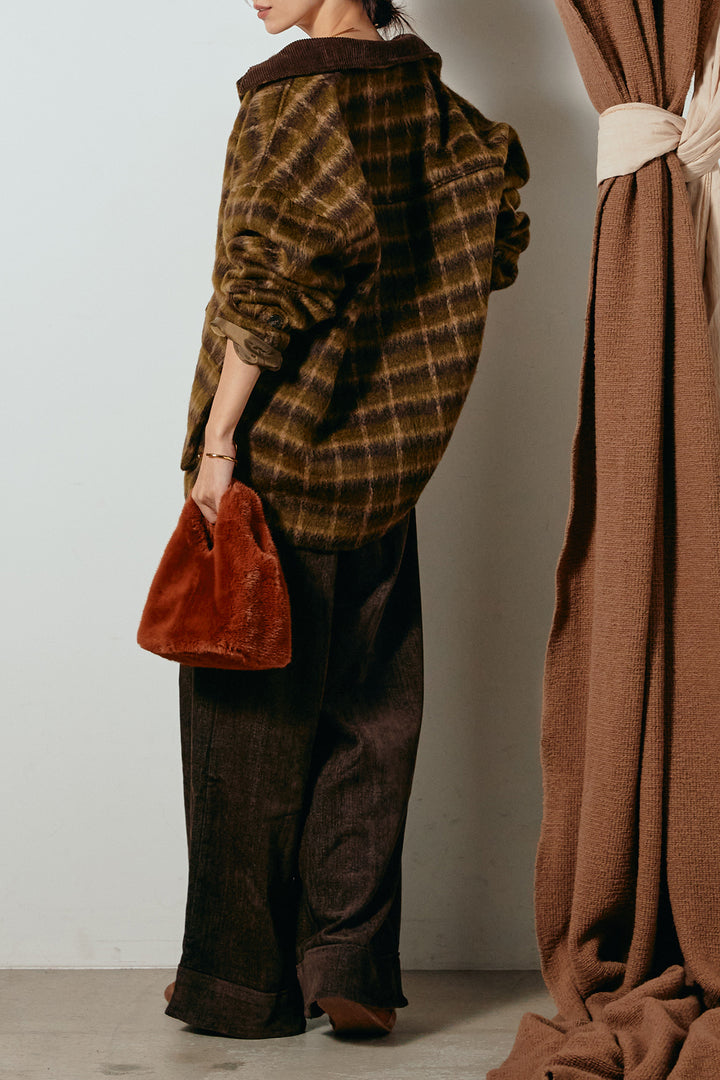 [SET]チェックシャギーミドルカバーオール+フェイクレザーベルト付きスウェードライクワイドパンツ(2set)