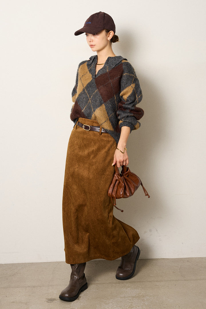 [SET]アクリルモヘアアーガイルキーネックプルオーバー+ロープベルト付きスウェード調スカート(2set)
