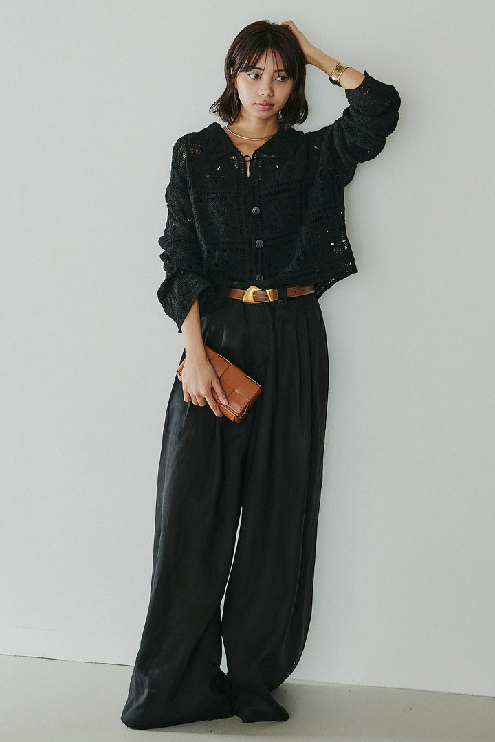 [SET]鍵編みフラワーレースカーディガン+タック入りワイドパンツ(2set)