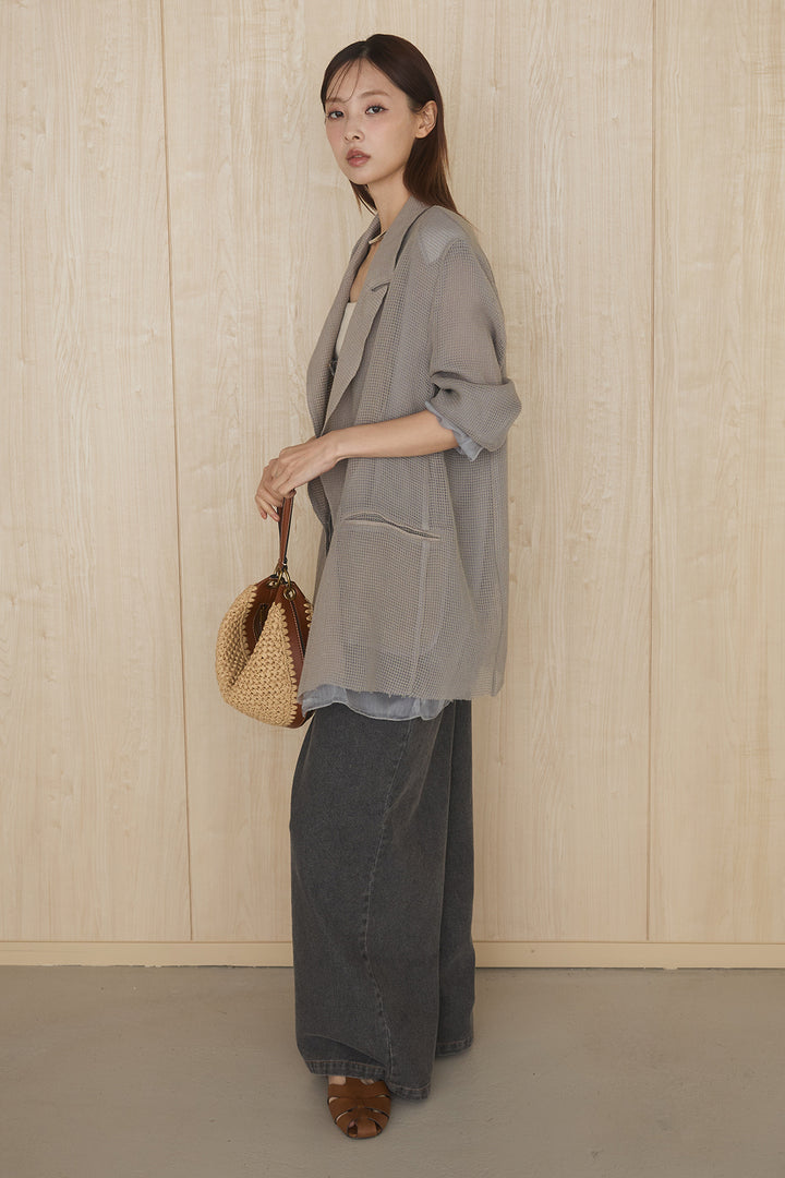 [SET]メッシュテーラードワイドジャケット+フロントボタンデニムサロペット(2set)