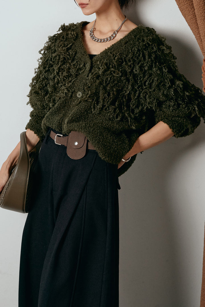 [SET]ループ編みVネックニットカーディガン+ポーチベルト付きカーブパンツ(2set)