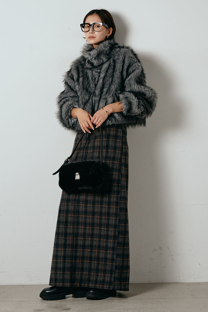 [SET]エコファーショート丈ブルゾン+シャギーチェックストレートスカート(2set)