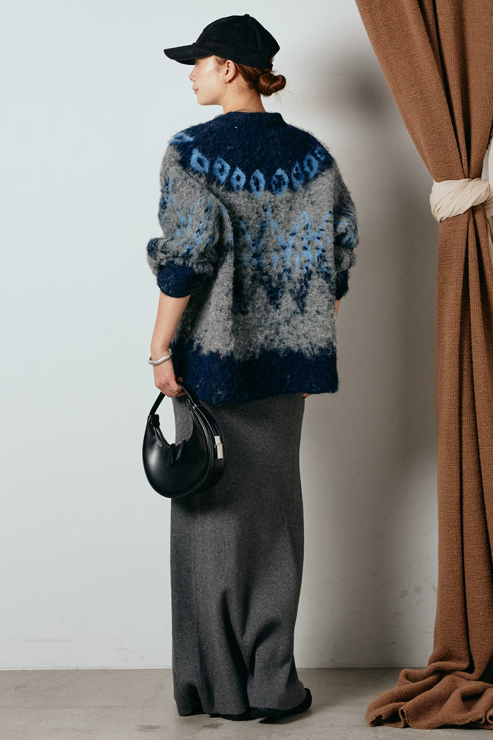 [SET]シャギーニュアンス柄ニットカーディガン+リブナローニットスカート(2set)