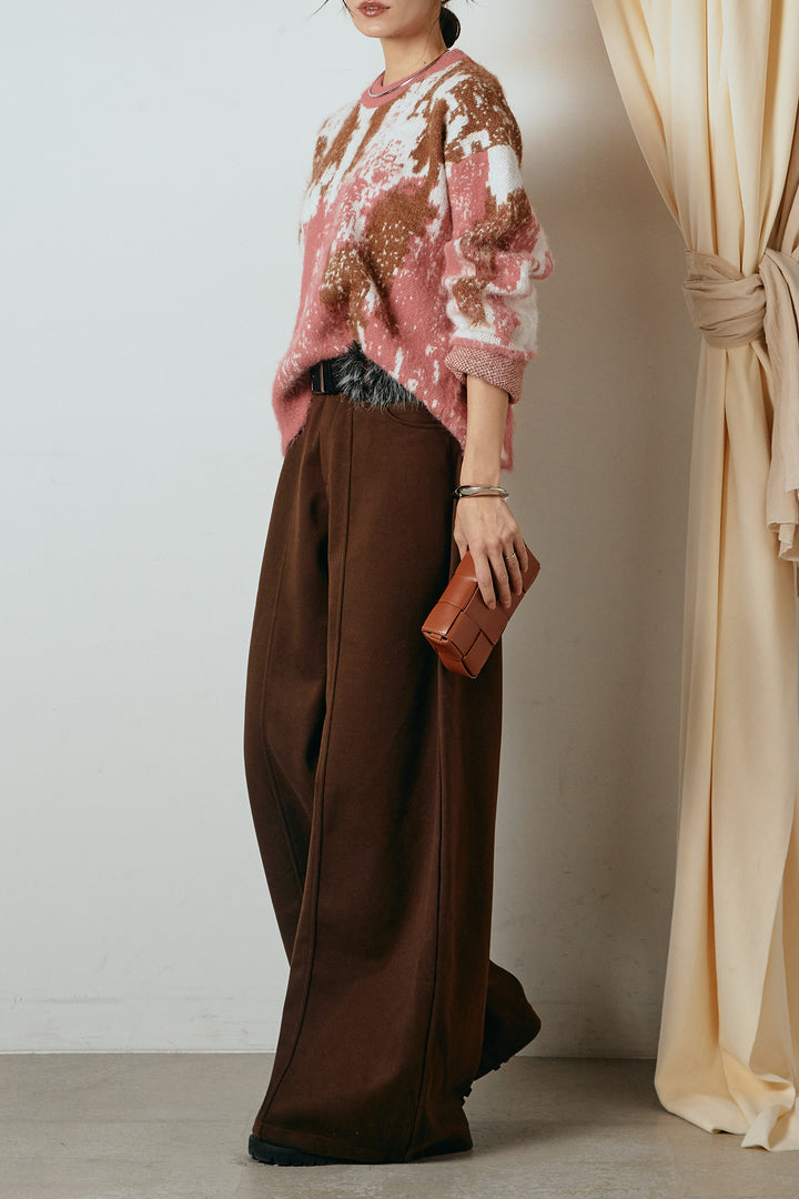 [SET]起毛ニュアンス柄ニットプルオーバー+ファーベルト付きワイドパンツ(2set)