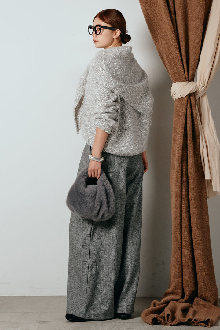 [SET]スカーフ付きミックスニットトップス+細ベルト付き起毛タックワイドパンツ(2set)