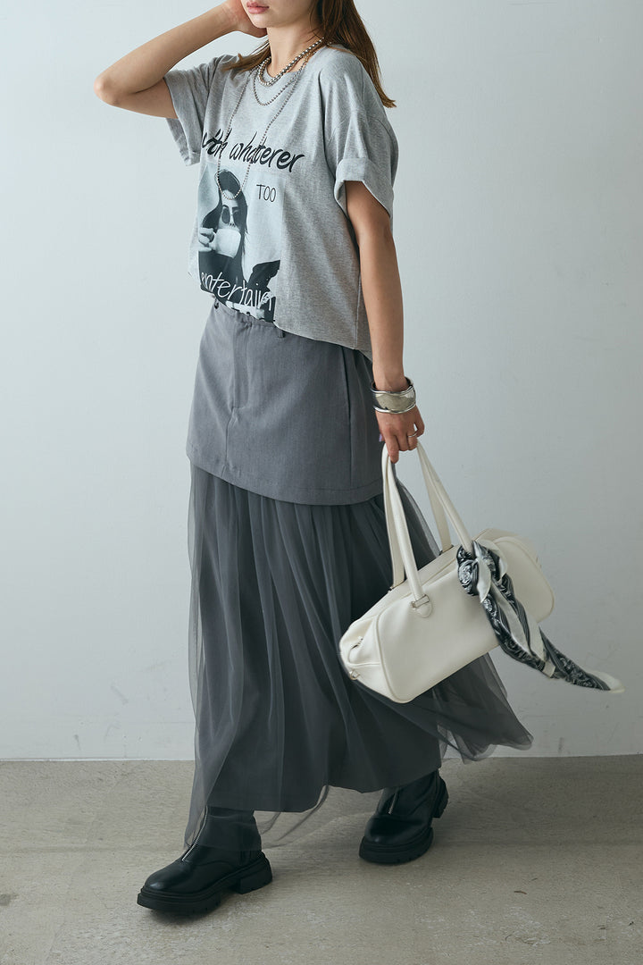 [SET]モノトーンフォトプリントTシャツ+切り替えデザインボリュームチュールスカート(2set)