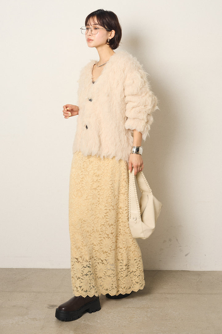 [SET]起毛シャギーニットカーディガン+花柄刺繍ベロアフレアスカート(2set)