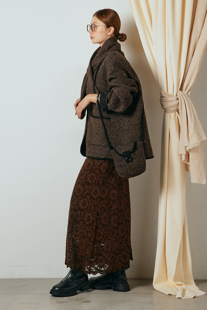 [SET]ノーカラーマフラーバッグ付きアウター+花柄刺繍ベロアフレアスカート(2set)