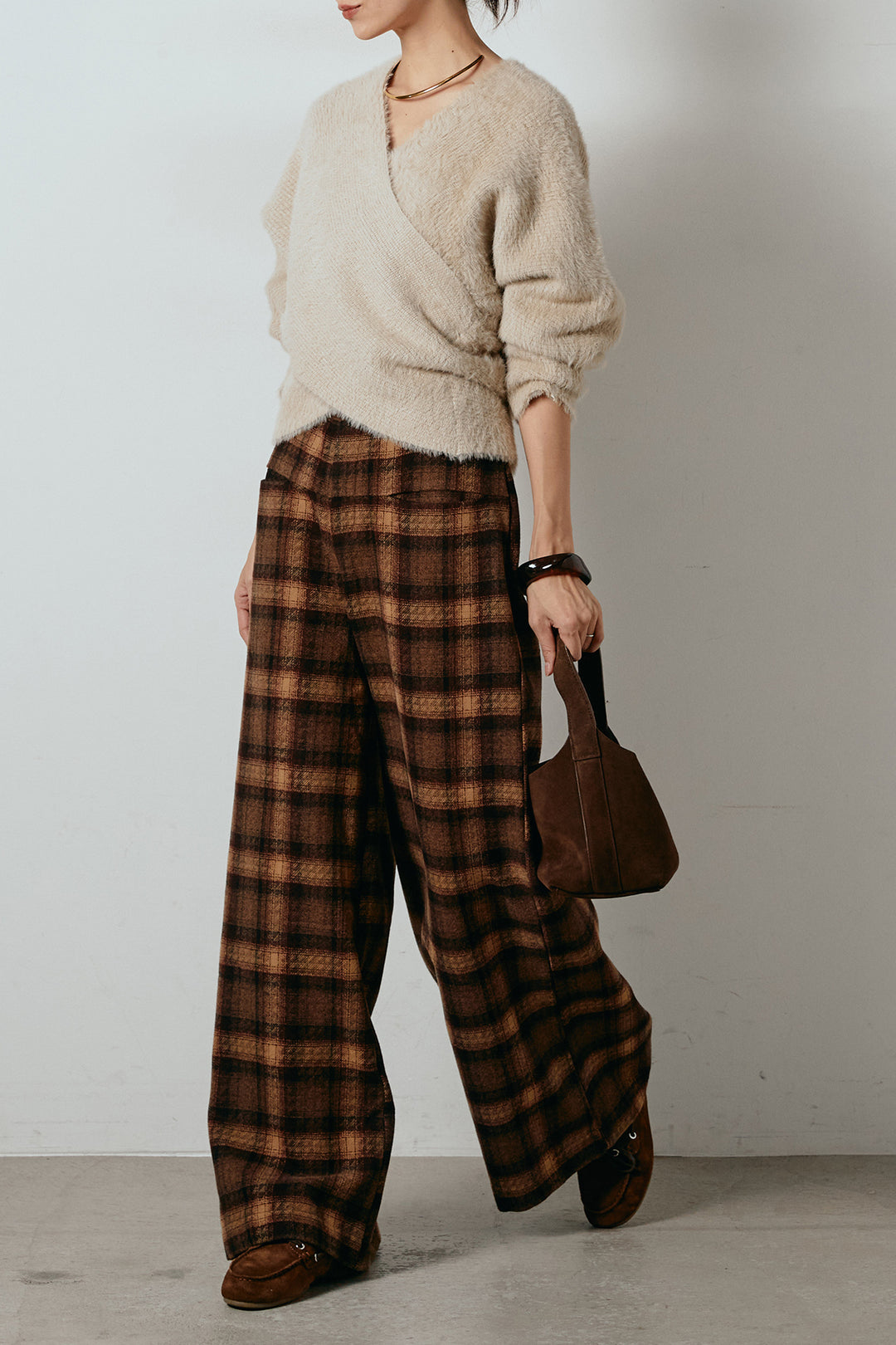 [SET]シャギーカシュクールニットトップス+ルーズタータンチェックワイドパンツ(2set)