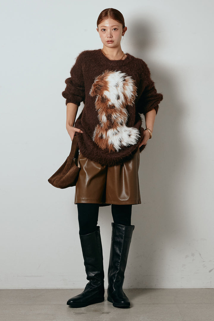 [SET]シャギーニュアンスアニマルニット+ストレッチエコレザーバミューダパンツ(2set)