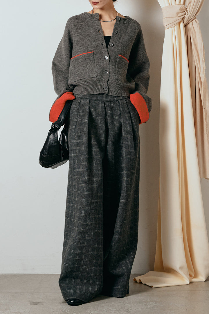 [SET]アルパカタッチダブルフェイスカーディガン+ウールライクチェックタックパンツ(2set)